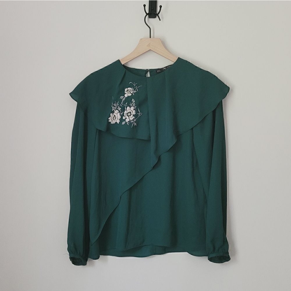 Zara Basic Collection Ruffle Chiffon Blouse In Em… - image 2